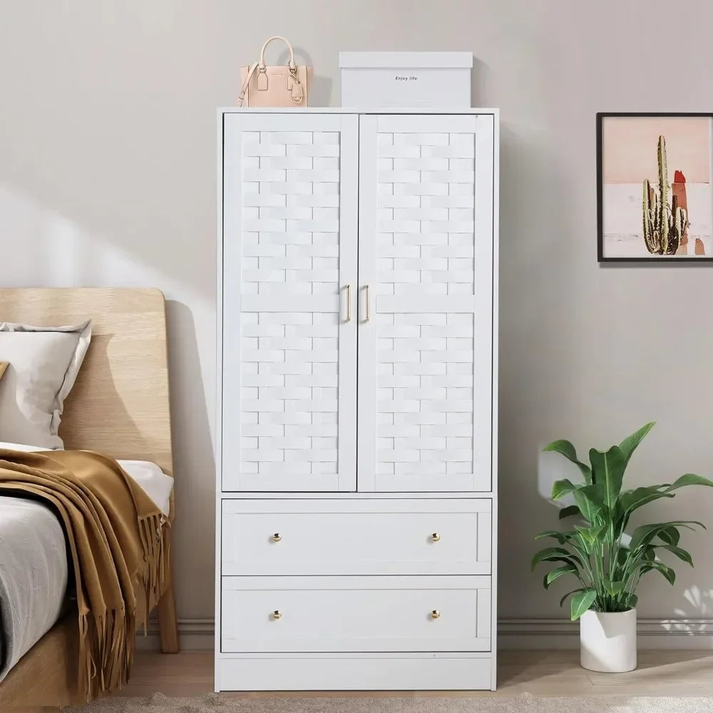 Wardrobe Cabinet With 2 Storage Drawers and Hanging Rail Bedroom Furniture Armoire Wardrobe Closet With 2 Woven Doors Coat Racks