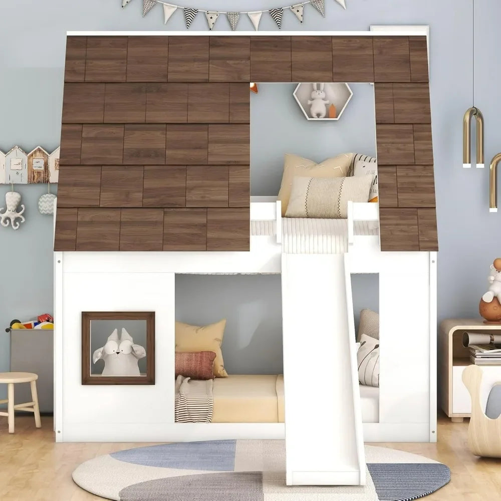 Bunk Bed, Twin Over Twin House Bunk Bed Frame with Roof, Window, Ladder and Slide for Boys Girls, Children Beds