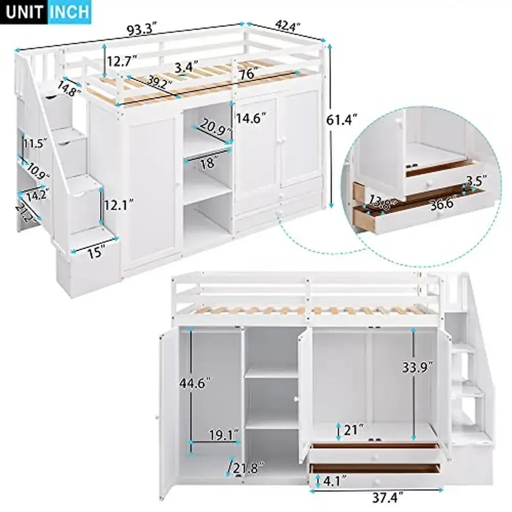 Wood Loft Bed Storage Stairs 2 Wardrobes Drawers Modern-Rustic Design Kids Teens