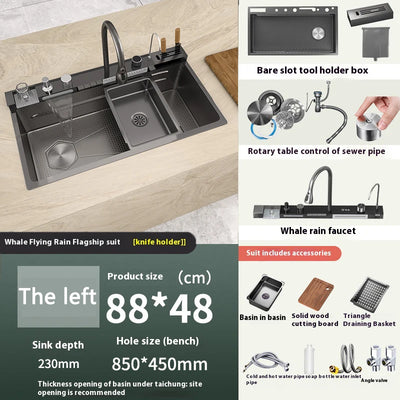 Stainless Steel Kitchen Sink with Waterfall Extra Large Single Slot Digital Display Dishwashing Basin Oversized Sinks 100x50cm