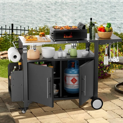 Outdoor Grill Cart with Storage,Patio Kitchen Island with WheelsHooks and Spice Rack,Waterproof Outdoor Grill Table,Movable BBQ