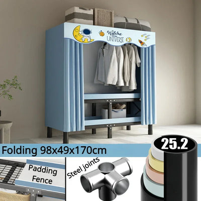 Folding Wardrobe Installation-Free Foldable Closet with Screen Curtain Simple Durable Steel Frame Cloth Wardrobe Dustproof Shelf