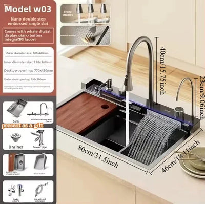 Kitchen Sink, Multifunctional Kitchen Sinks,Stainless Steel Waterfall Smart Washbasin, Multiple Sizes,with Digital Display