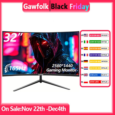 Gawfolk 32 inch Gaming Monitor 2560*1440 1800R Curved Monitors 165HZ PC Monitors VA Screen for Home, Office ,Support HDTV & DP