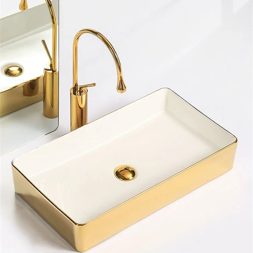 Modern Minimalist Gold Ceramic Tabletop Basin European Style Household Washbasin Basin Square Light Luxury Bathroom Wash Basins