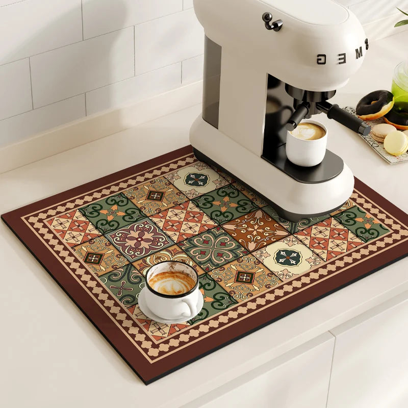 Coffee Maker Mat Retro Dish Drying Mats For Kitchen Non-slip Draining Pad Quick Dry Tableware Placemat Dinnerware Washable