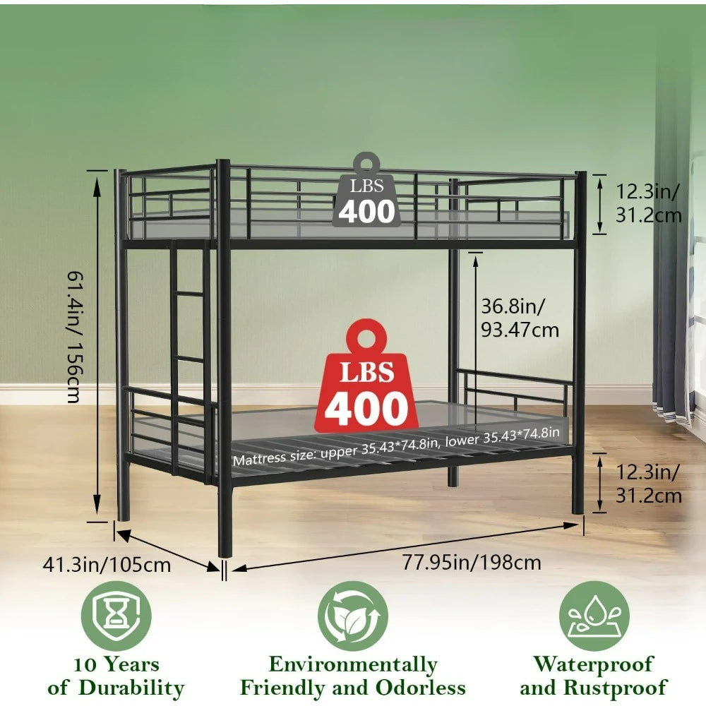 Twin Over Twin Bunk Beds for Adults Convertible Metal Bunk Bed Heavy Duty Bunkbeds Frame for Teens Dorm Small Spaces Bedroom