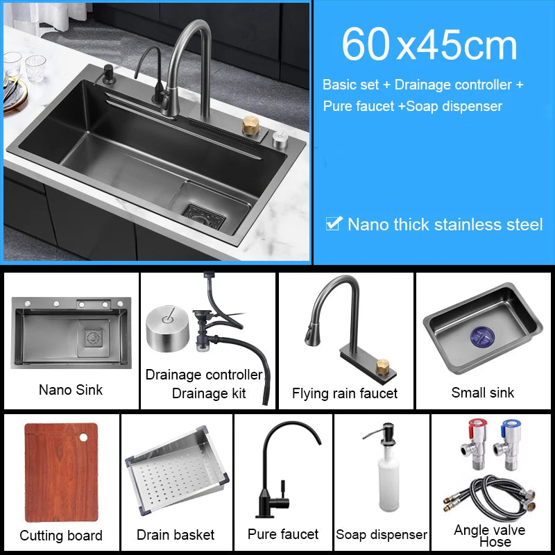 Multifunction Black Nano Kitchen Sink Waterfall Faucet Large Single Bowl Cup Washer Pure Tap Soap Dispenser 304 Stainless Steel