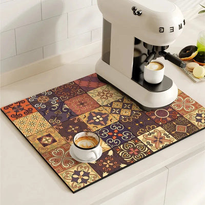 Coffee Maker Mat Retro Dish Drying Mats for Kitchen Non-slip Draining Pad Quick Dry Tableware Placemat Dinnerware Washable