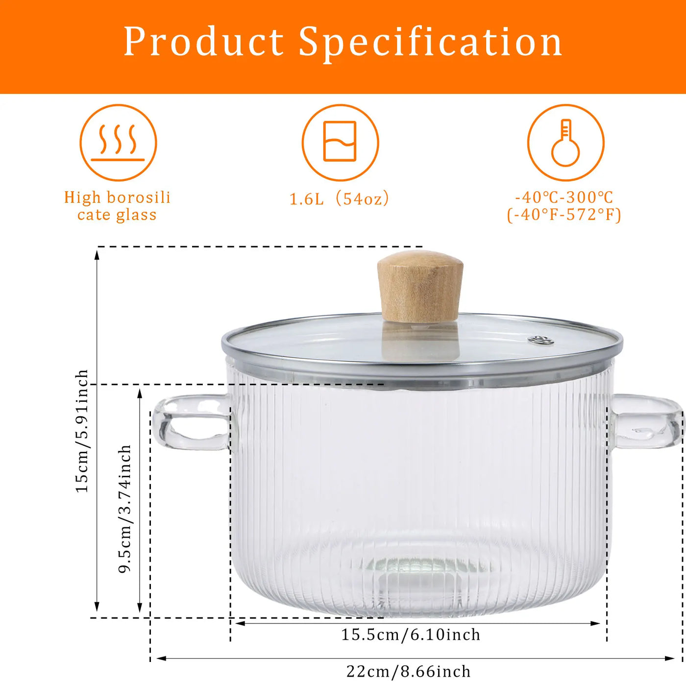 Glass Cooking Pot with Lid 1.6L/54oz Heat Resistant Glass Saucepan with Double Handles Non-Stick Borosilicate Glass Stovetop Pot