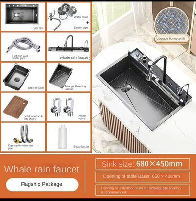 Double Waterfall Sink Embossed Stainless Steel Kitchen Sink Large Single Slot Digital Display Wash Basin Dishwashing pond