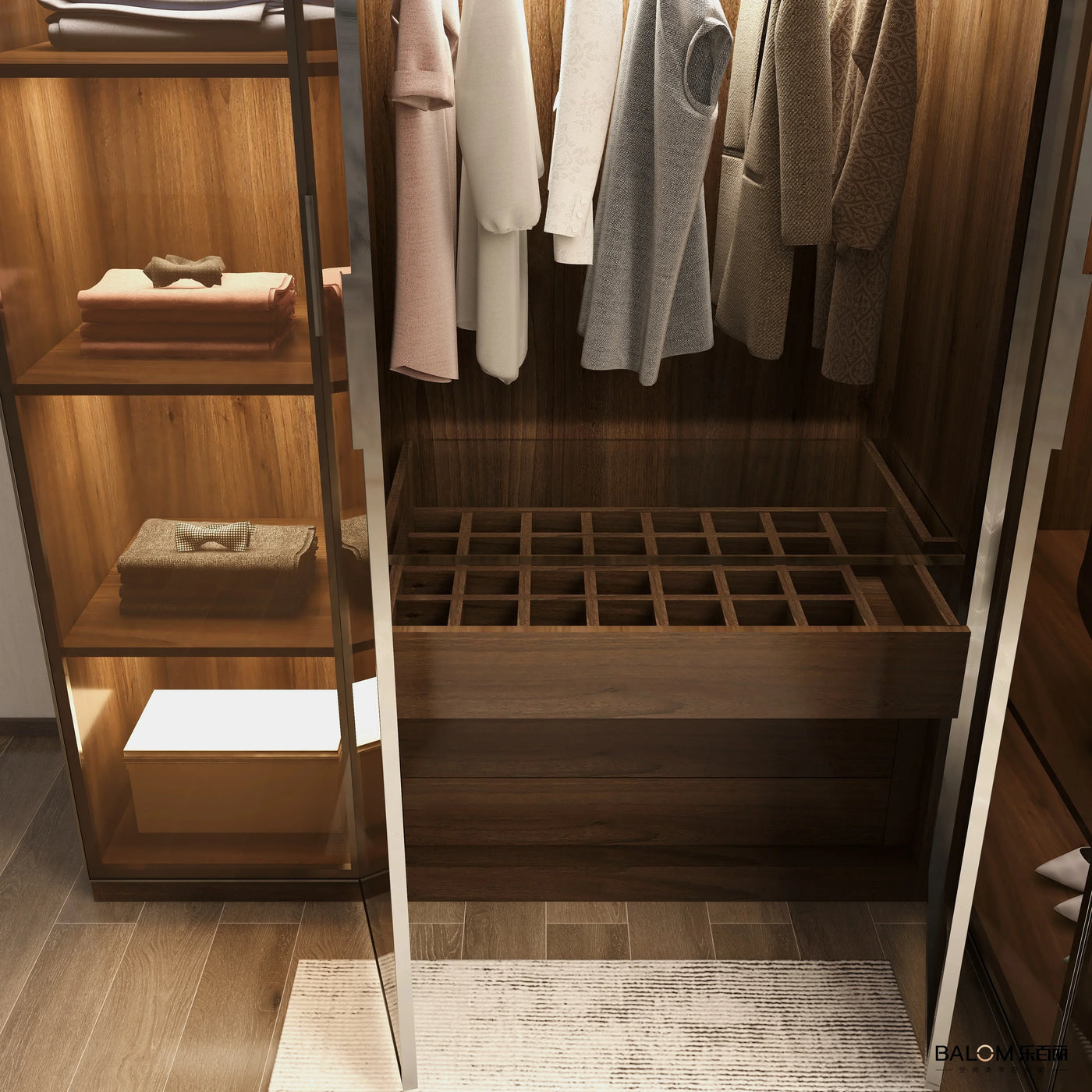 Bedroom Walk In closet Shape Wooden Wardrobe For Open Cloakroom With LED Light