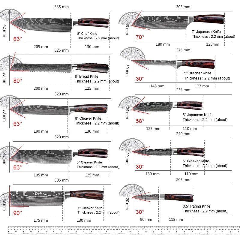 3-10PCS Kitchen Knife Set Professional Chef Knife 7CR17 Germany Stainless Steel Damascus Laser Meat Cleaver Slicing Santoku