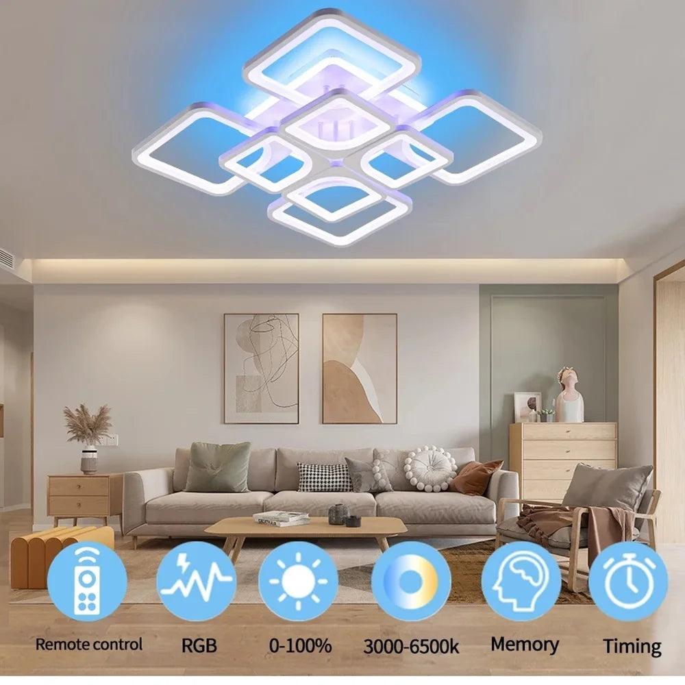 Modern LED Ceiling Light Fixture with Remote Control Dimmable LED Chandelier Acrylic Square Ceiling Lamp for Living Room