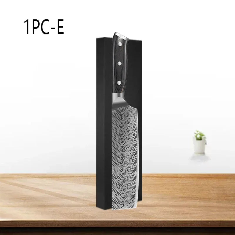 WXCOO Professional Kitchen Chef Knives Set Stainless Steel Boning Knife Damascus Steel Pattern Cleaver Fruit Bread Santoku Knife