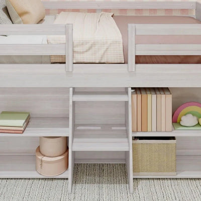 Modern Farmhouse Low Loft Bed, Twin Bed Frame for Kids with 2 Bookcases, Easy To Assembly, Bedroom Furniture Children Beds