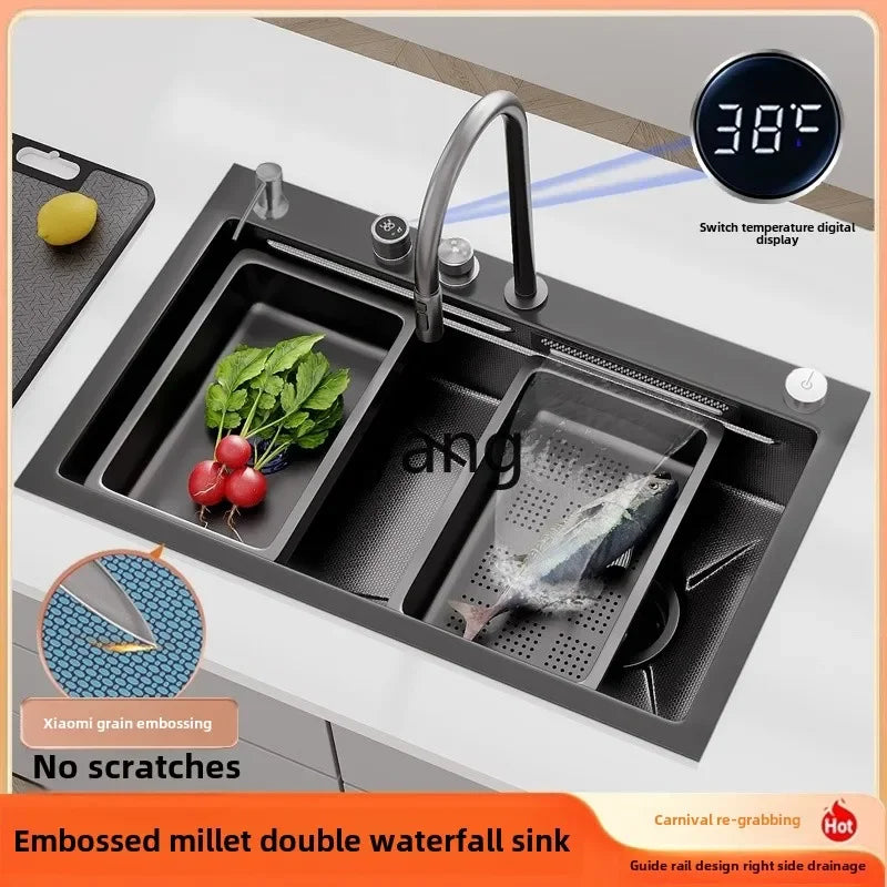 YJQ kitchen sink large single slot embossed small rice waterfall handmade stainless steel vegetable basin under the counter