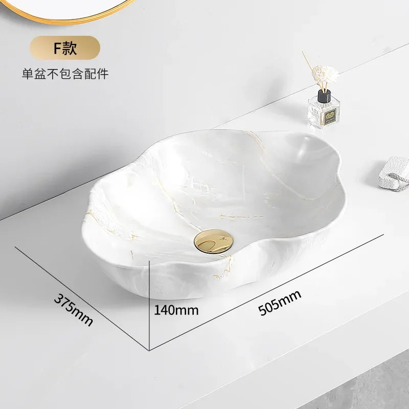 Ceramic Washbasin Marble Pattern Countertop Sinks Luxury Hotel Art Basin Flower Shape Bathroom Hand Wash Vessel Sink 50*37*14cm