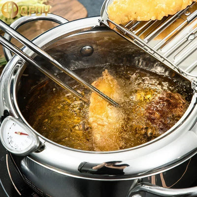 20 /24 /28cm Japanese Deep Frying Pot with a Thermometer and a Lid 304 Stainless Steel Kitchen Tempura Fryer Pan