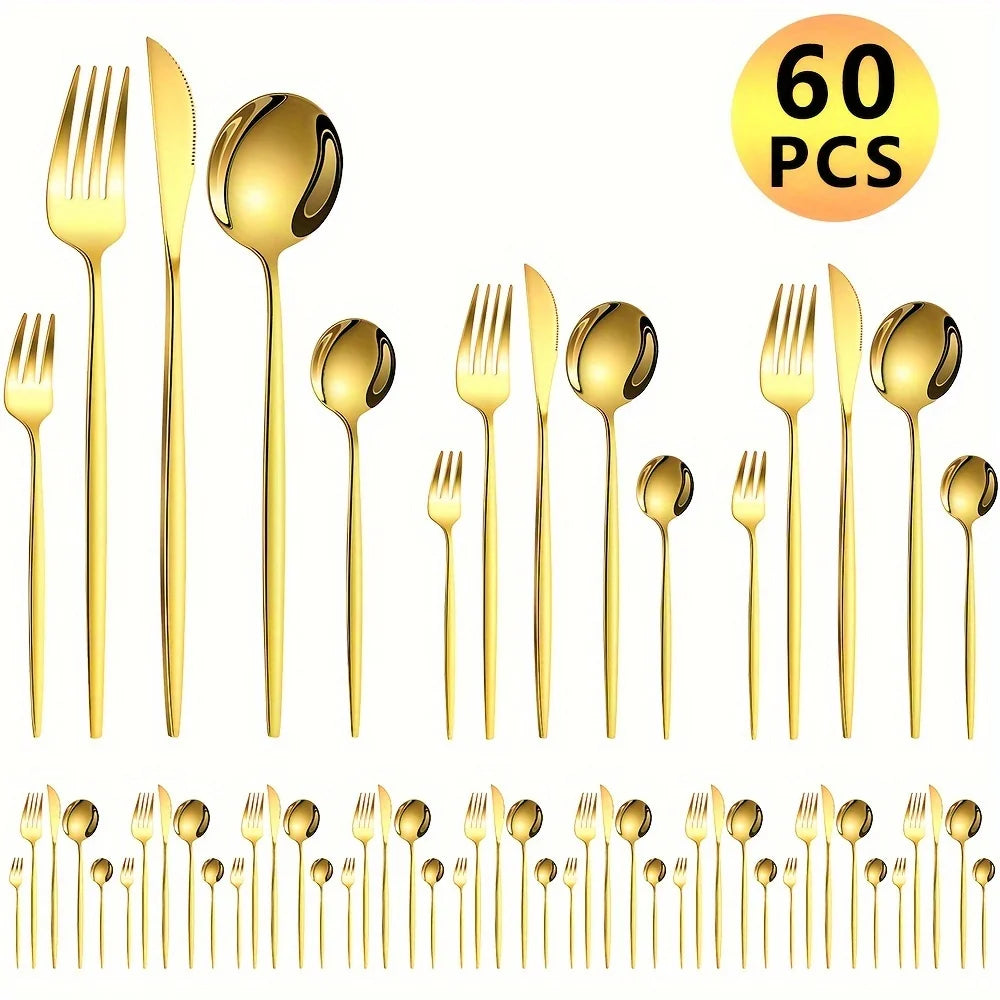 60pcs Stainless Steel - Luxe Golden Cutlery Set, Mirror Polished, Dishwasher Safe, Includes Knives, Forks & Spoons in Gift Box,