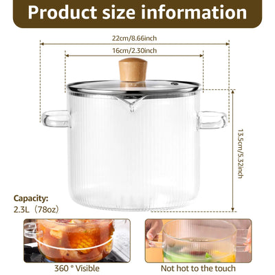 1.6/2.3L Glass Cooking Pot Transparent Borosilicate Glass Simmer Pot with Lid Heat Resistant Glass Pot for Soup Milk Noodles