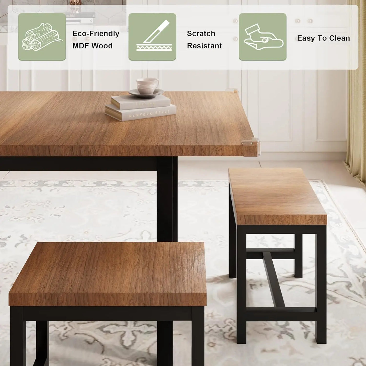 7-Piece Dining Table Set with 6 Stools 63" Large Extendable Kitchen Table Set for 4-8 Mid-Century Dining Room Table