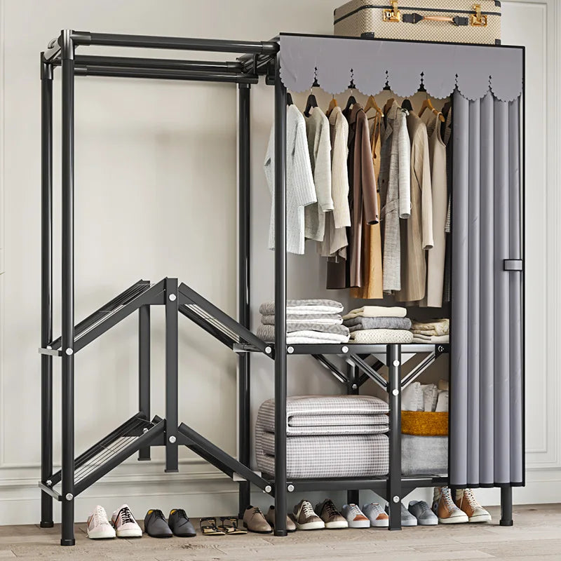 Foldable base unfolded and ready to use wardrobe; A large capacity wardrobe with a stable and durable steel pipe frame