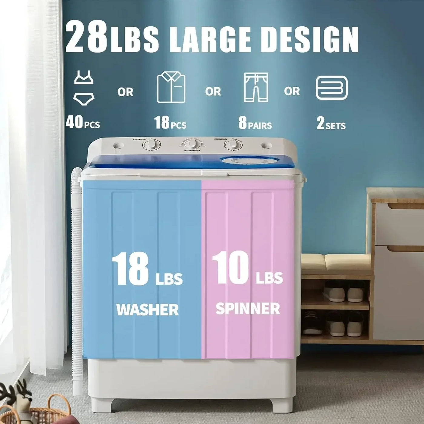 Washing Machine, 14 20 28 40 Lbs Twin Tub, Laundry Compact Washer Spinner Combo With 40lbs Capacity, And 16Lbs Spinner Dryer