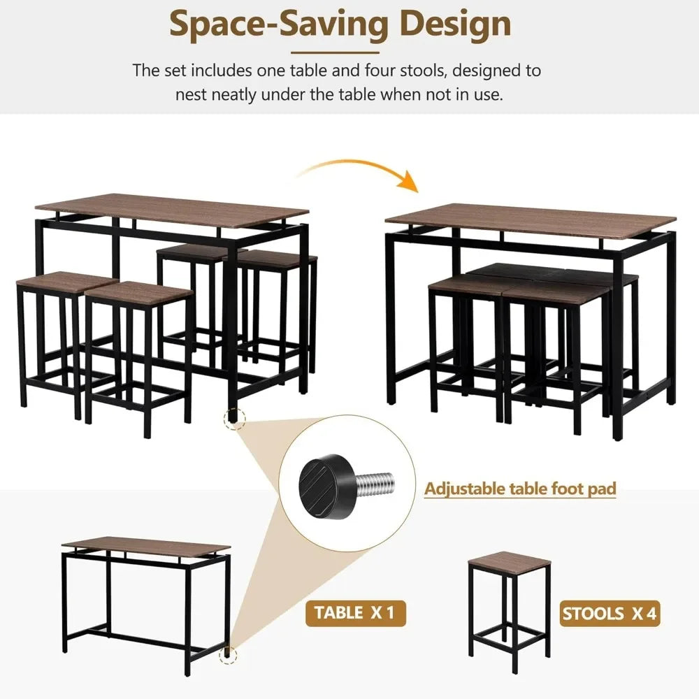 5-Piece Compact Rectangular Bar Table Set with 4 Stools, Furniture for Dining Room and Breakfast Nook, Dining Table Sets