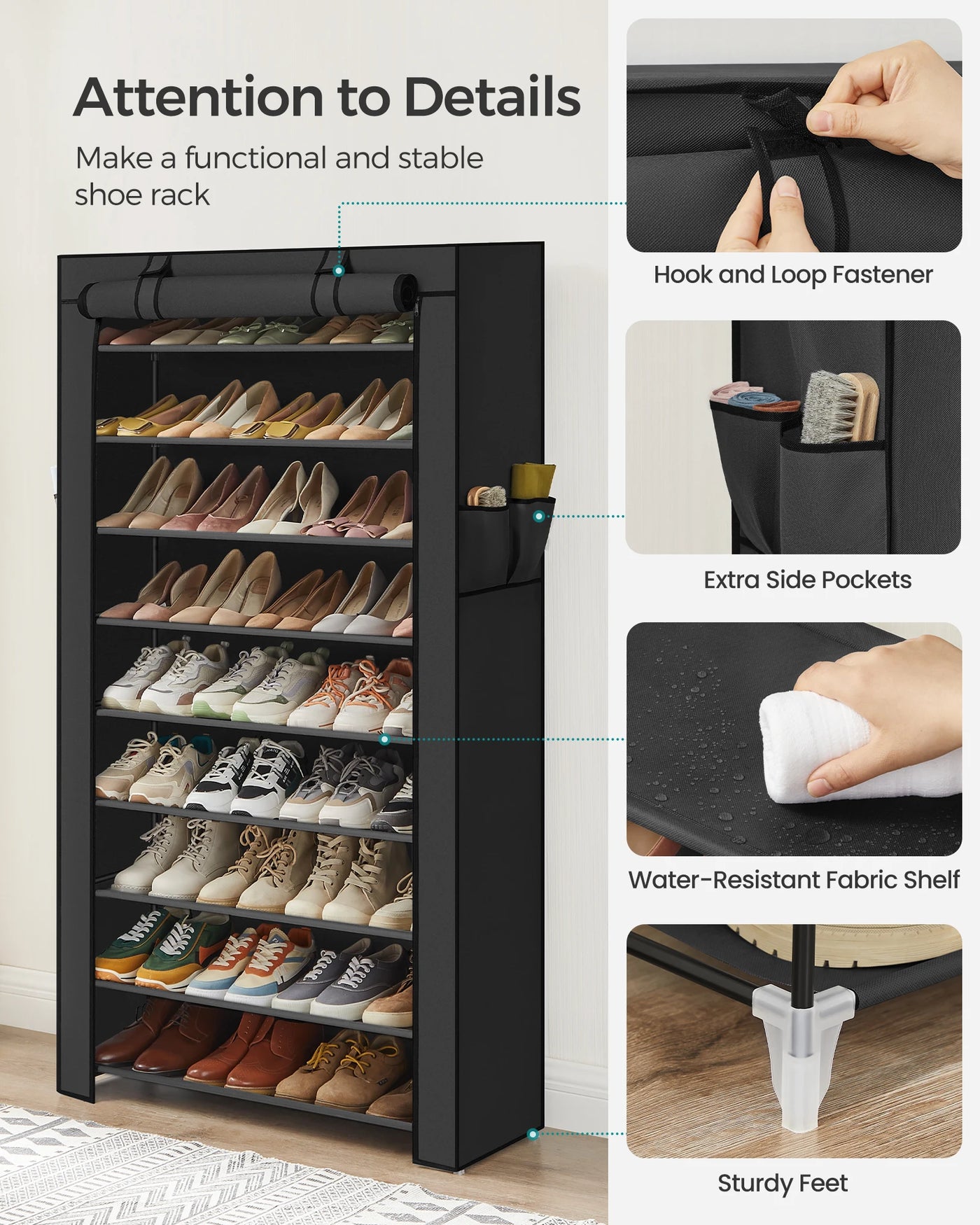 SONGMICS Shoe Rack, 9 Tier Shoe Organizer with Nonwoven Fabric Cover, Shoe Storage Shelf for 40-50 Pairs of Shoes, Entryway