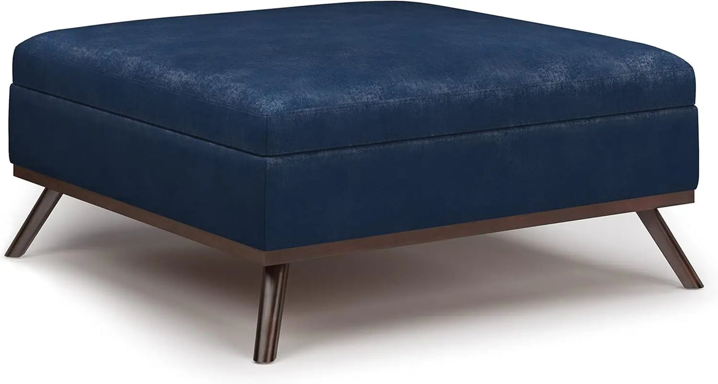 SIMPLIHOME Owen 36 Inch Wide Mid Century Modern Square Coffee Table Lift Top Storage Ottoman Upholstered Distressed Dark Blue