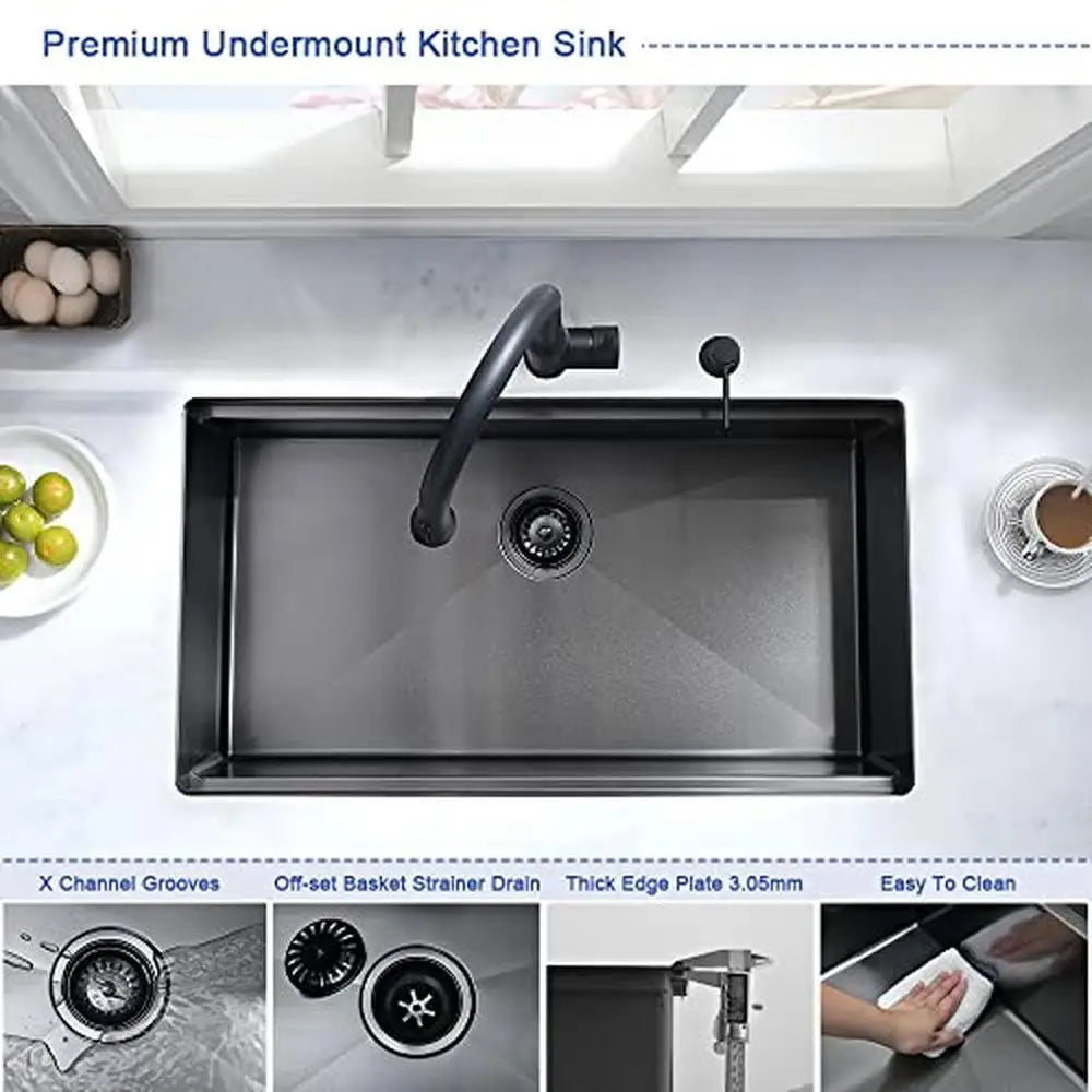 25 Inch Black Stainless Steel Undermount Kitchen Sink Workstation with X-Shape Water Guideline and R10 Corners Includes Cutting