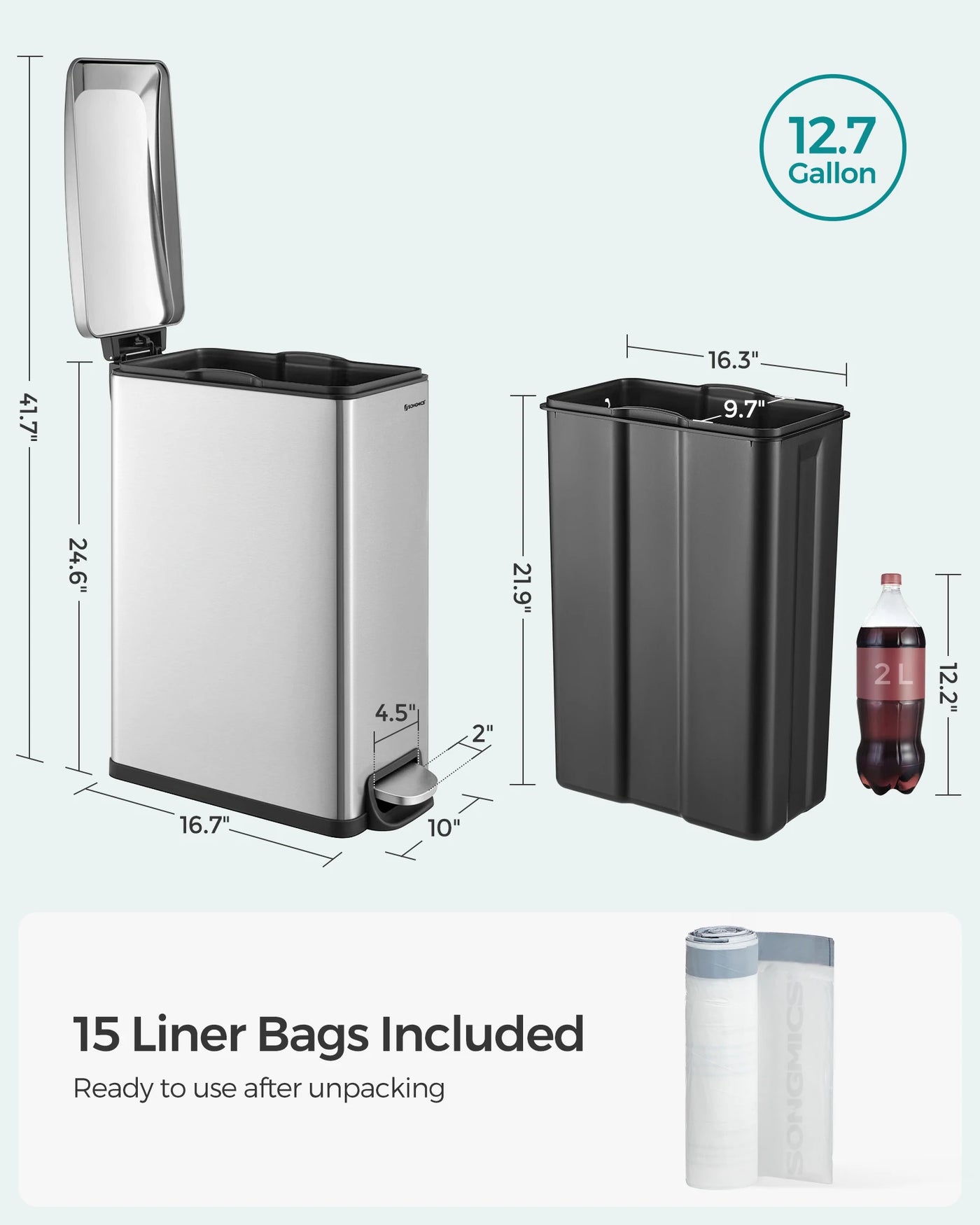 48L Stainless Steel Trash Can rectangular dustbin  Soft-Close Pedal Bin