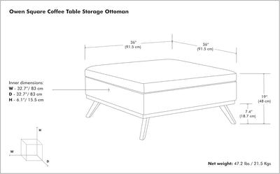 Owen 36 Inch Wide Mid Century Modern Square Coffee Table Lift Top Storage Ottoman in Upholstered Ebony Fabric, For the Living Ro