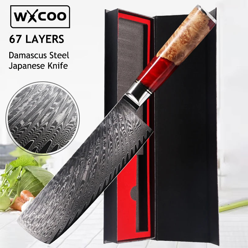 WXCOO Santoku Knife Damascus Stainless Steel Kitchen Knives Sashimi Slicing Professional Chef Knife Vegetable Cutting Knife Tool