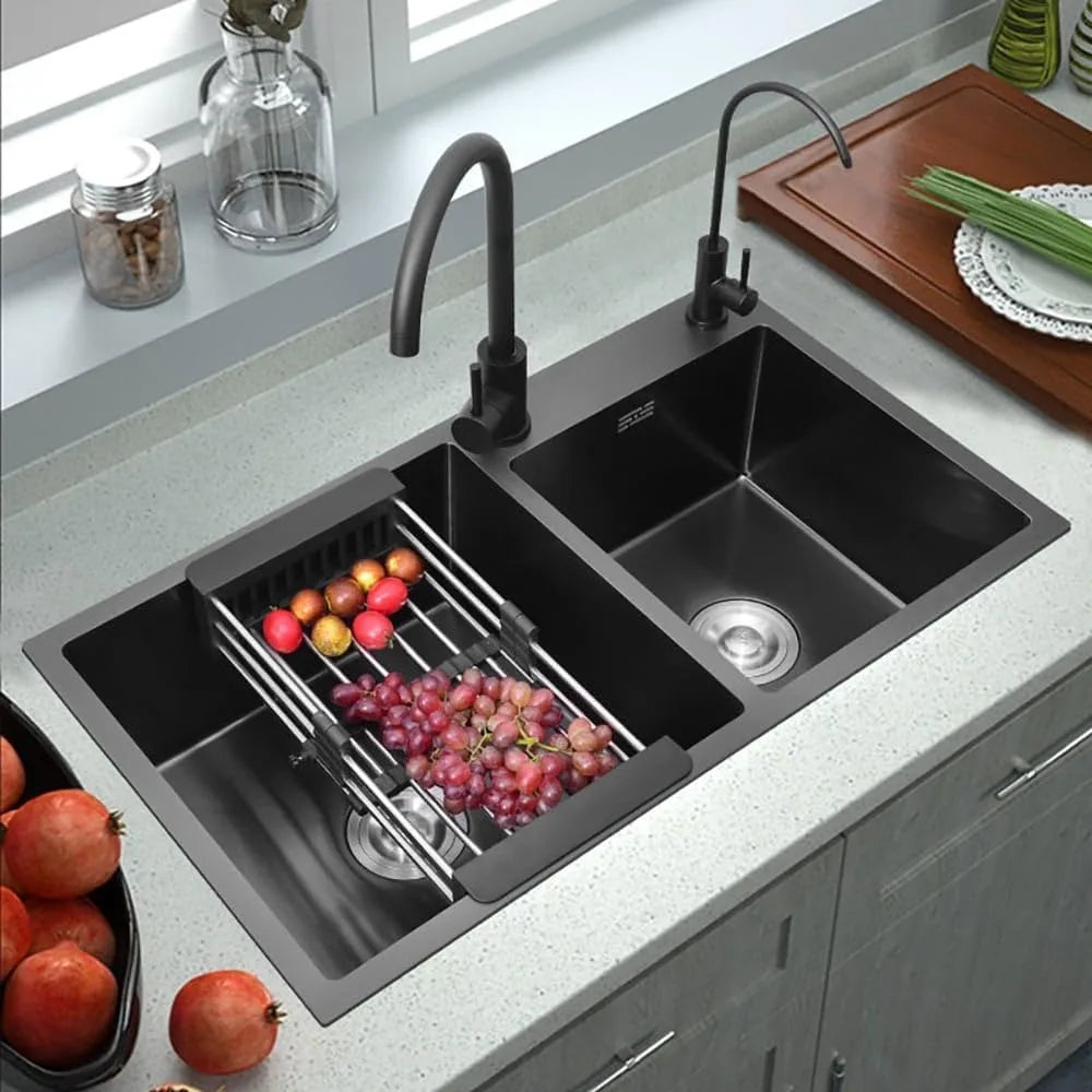 32" Black Double Bowl Kitchen Sink Stainless Steel Bar  Drop-In Kitchen Sink with Drain and Overflow