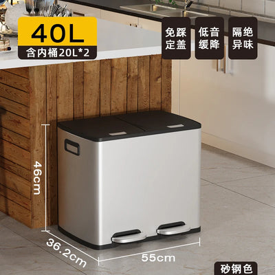 Kitchen Classification Garbage Bin 2-in-1 Household Dry Wet Separation Stainless Steel Pedal Double Bin with Lid Large Capacity