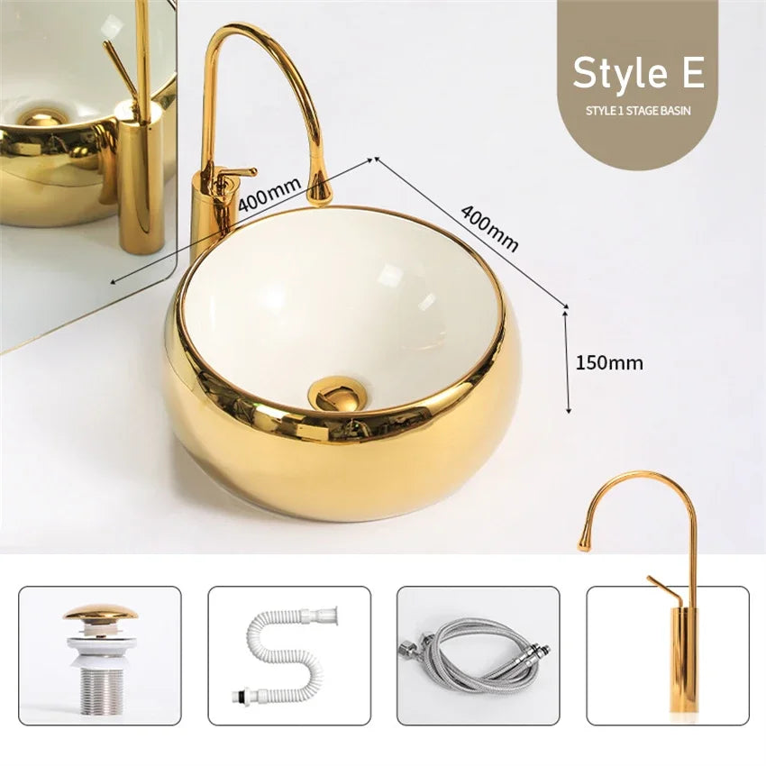 Modern Minimalist Gold Ceramic Tabletop Basin European Style Household Washbasin Basin Square Light Luxury Bathroom Wash Basins