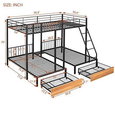 Metal Full/Twin Triple Bunk Bed with Guardrails & Drawers Triple Bunk Bed Frame 3 Kids Space-Saving Noise-Free No Box Spring