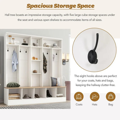 Coat Rack with Storage Bench, Shoe Cabinet with Cube Storage & Shelves, Hall Tree with 8 Hooks for Entryways, Clothes Racks