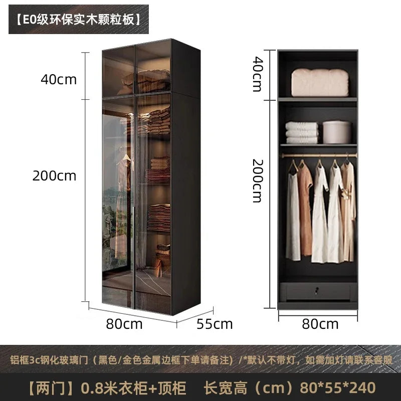 Solid wood wardrobe, bedroom home glass door L-shaped modern light luxury corner cloakroom storage cabinet combination wardrobe