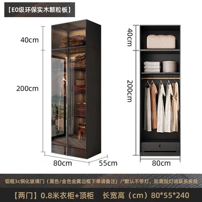 Solid wood wardrobe, bedroom home glass door L-shaped modern light luxury corner cloakroom storage cabinet combination wardrobe