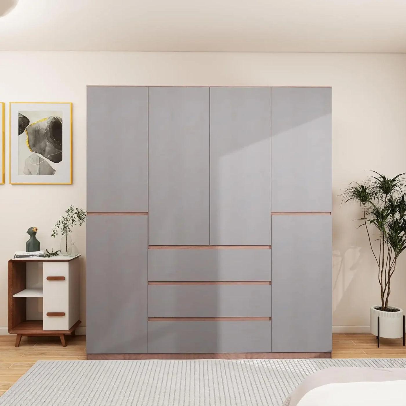 Wardrobe Closet, Bedroom Armoires Cabinet Wooden with Hanging Rod Inside Cabinet and Drawers