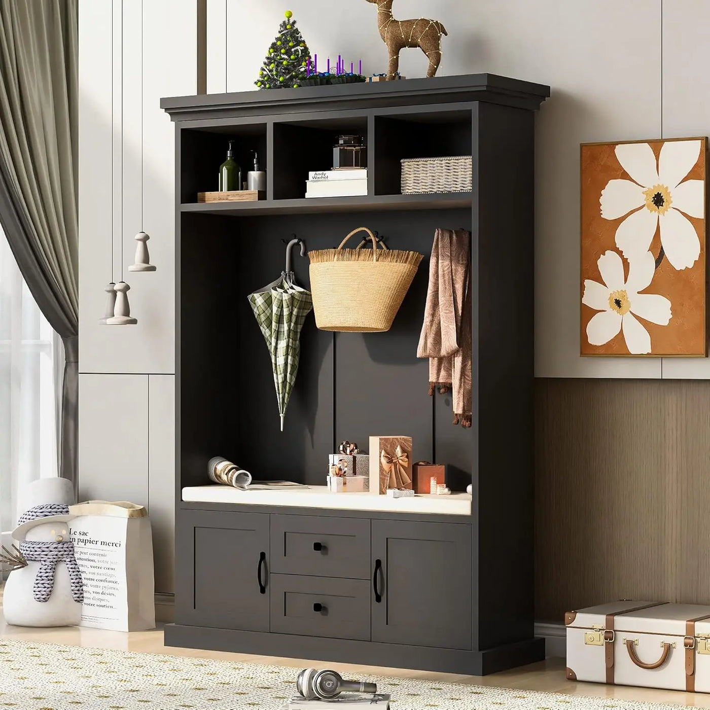 Coat Rack with Storage Bench, Shoe Cabinet with Cube Storage & Shelves, Hall Tree with 8 Hooks for Entryways, Clothes Racks