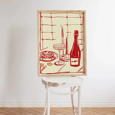 Red Hand Drawn Dining With Wine And Crab Modern Food Art For Pink Kitchen Decor Living Room Bedroom Home Decor