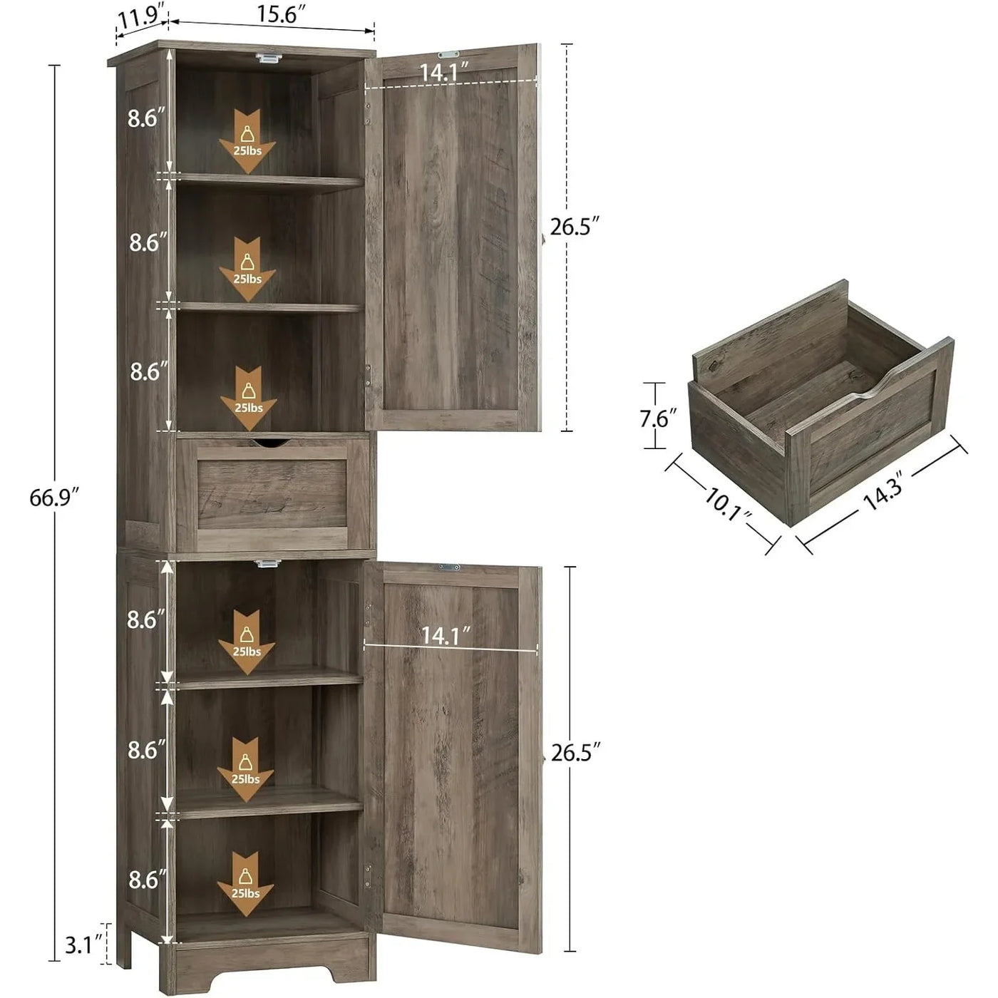 Iwell 67" Tall Storage Cabinet, Narrow Storage Cabinet with Drawer & Adjustable Shelves, Bathroom Cabinet, Floor Cabinet