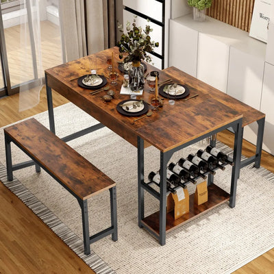 63in Dining Table Set, 3 Piece Dining Room Table Set for 4-8, Kitchen Dining Table with 2 Long Bench, Storage, Wine Glass Holder