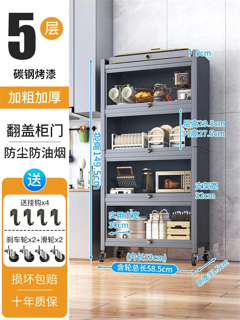 Modern Carbon Steel Kitchen Cabinets Home Storage Cabinet Multi-functional Multi-layer Microwave Oven Floor Rack with Flip Door