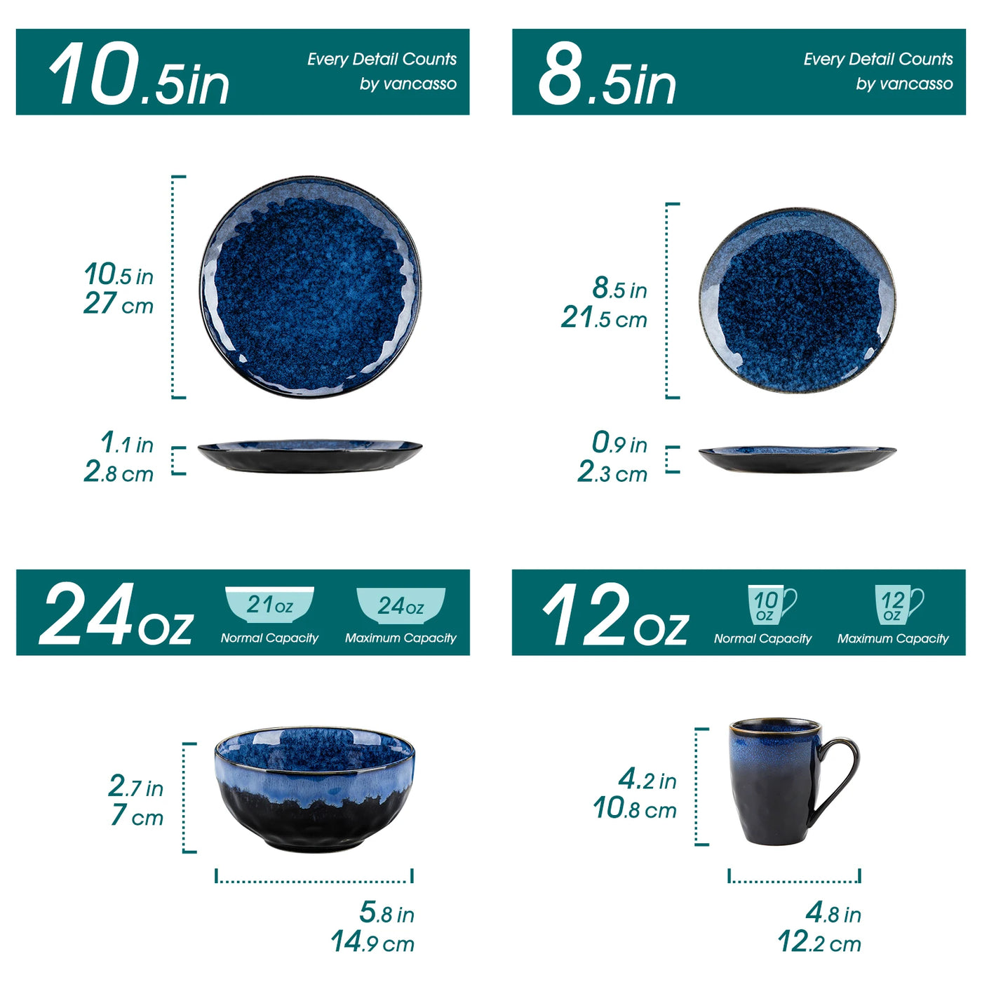 vancasso 16/32/48-Piece Starry Blue Dinner Set,Kiln Change Glaze Tableware Dinner Set with Dinner Plate,Dessert Plate,Bowl,Mug