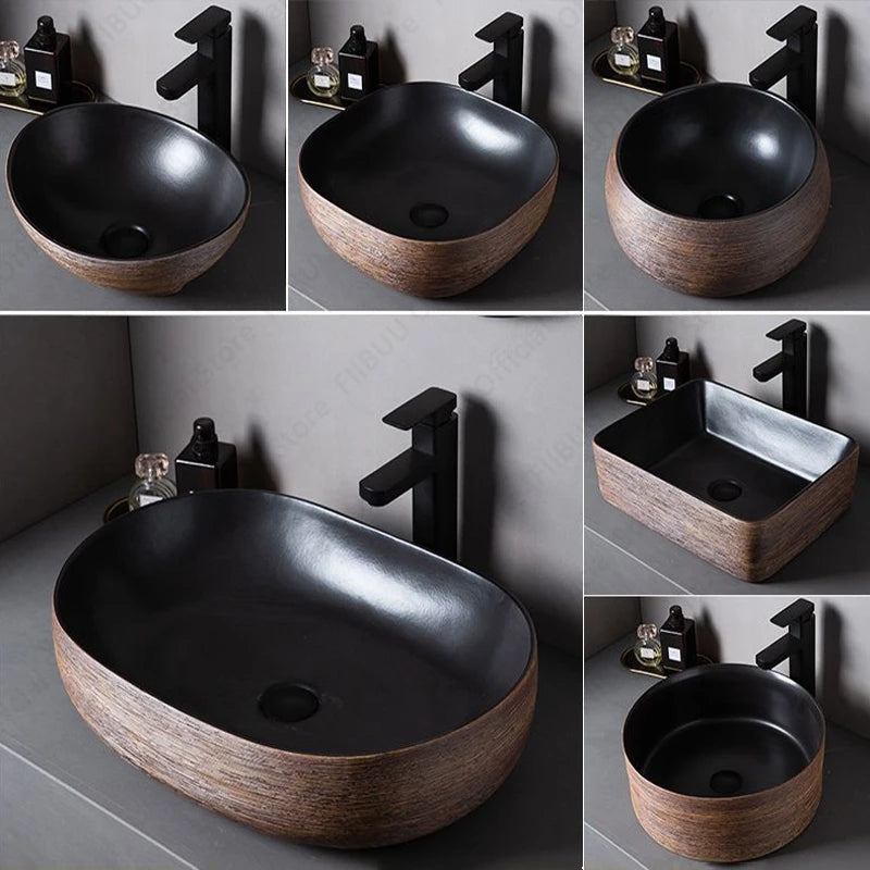 Brown Porcelain Ceramic Vessel Sink Above Counter Vanity Bowl Basin Bathroom Sanitary Balcony Table Sink Countertop Oval Basin